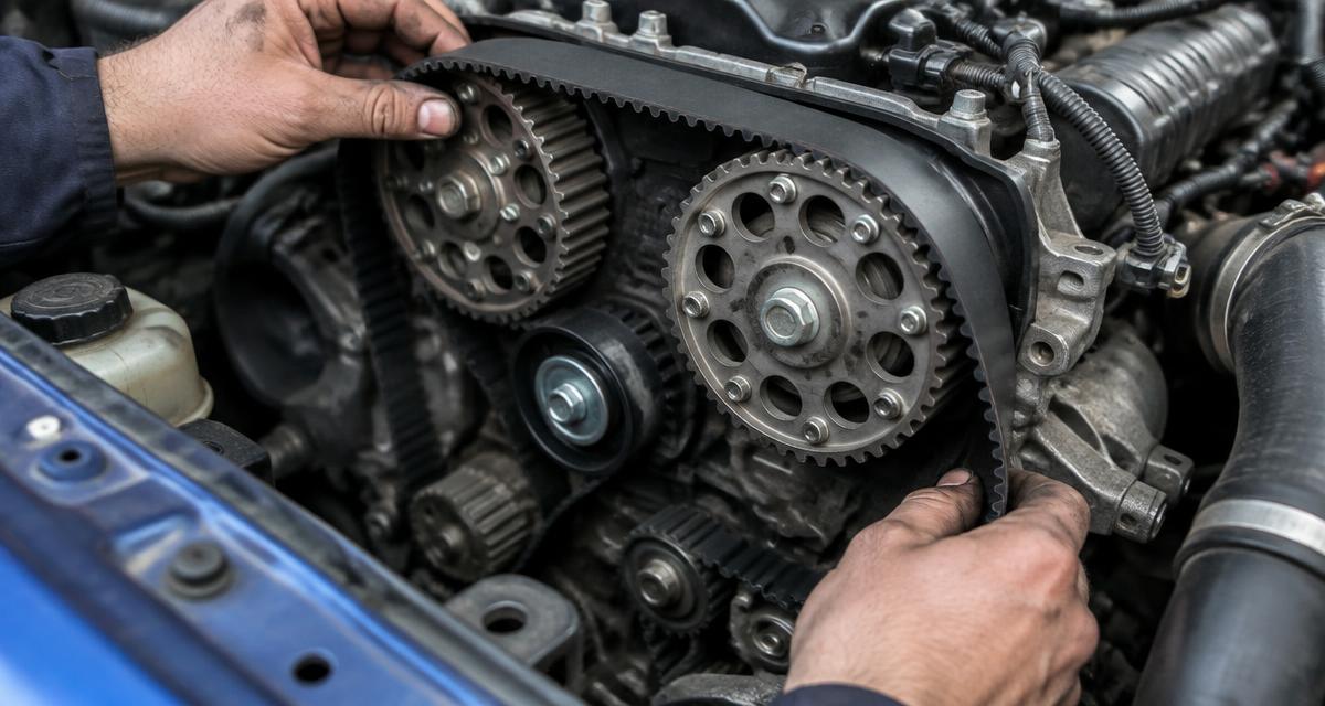 Mechanic fitting a new cam belt onto engine pulleys