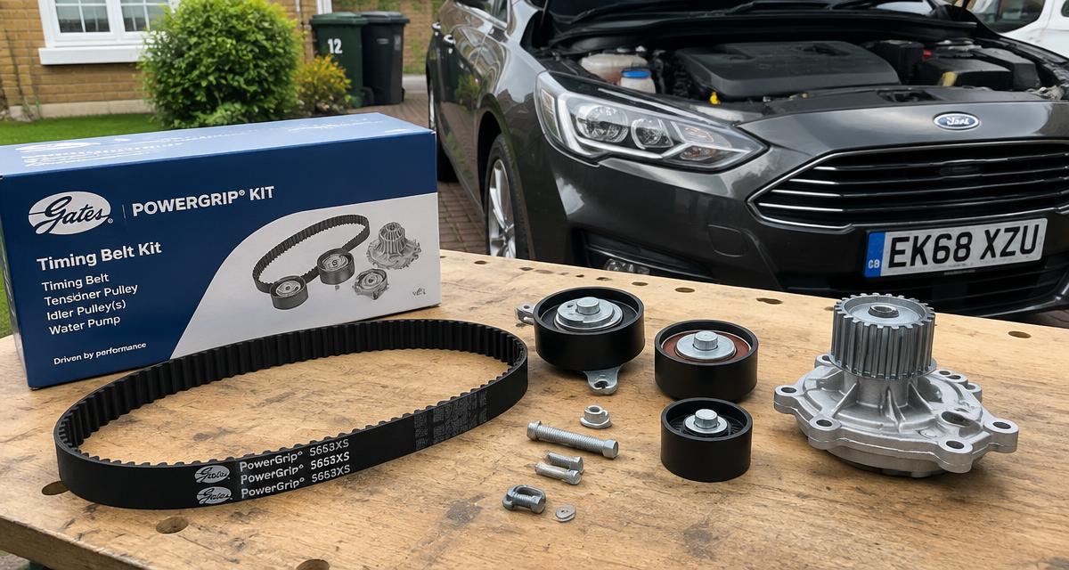New cam belt kit with tensioners and water pump laid out on a driveway workbench in Derby