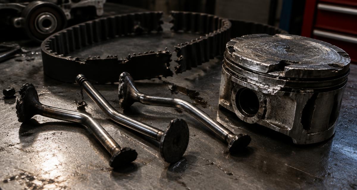 Bent engine valves, damaged piston and snapped timing belt on a workbench