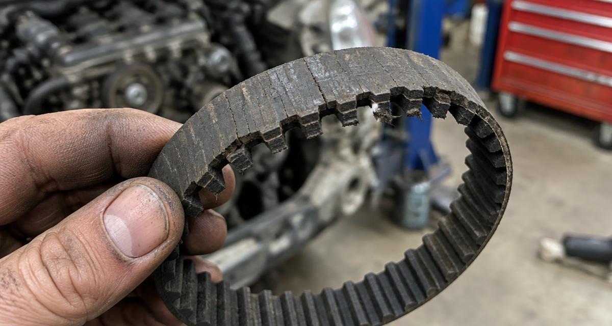 Worn cam belt with cracked rubber and missing teeth held in a mechanic's hand